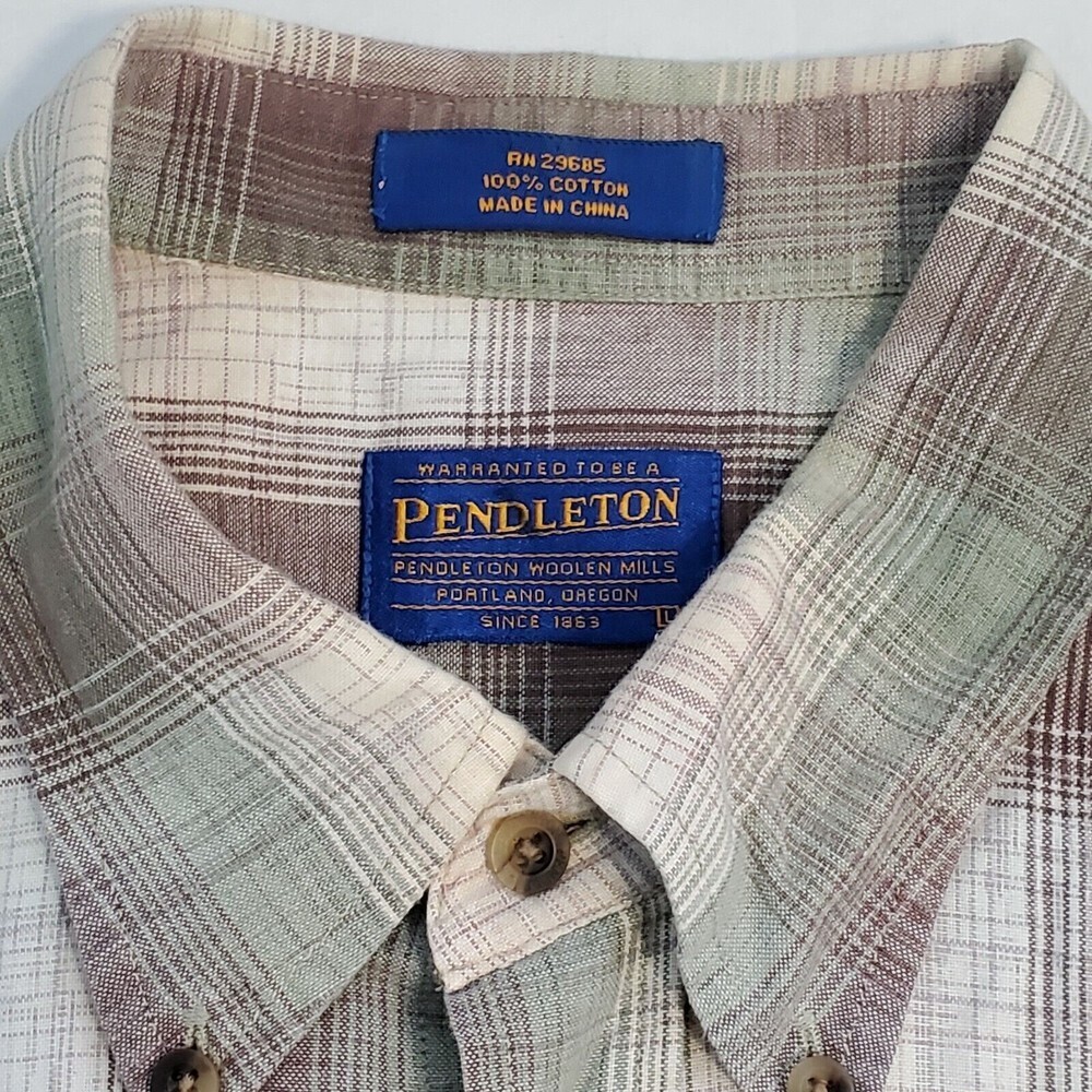 Pendleton 100% Cotton Button Up Shirt Size L Large Plaid Short Sleeve Brown Grn‎ - Picture 3 of 9